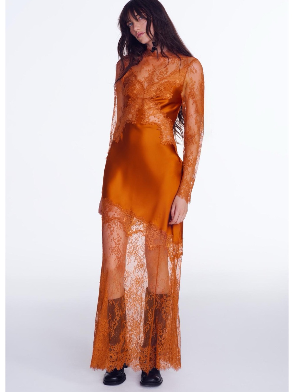Zara Burnt Orange Lace Satin Maxi Dress